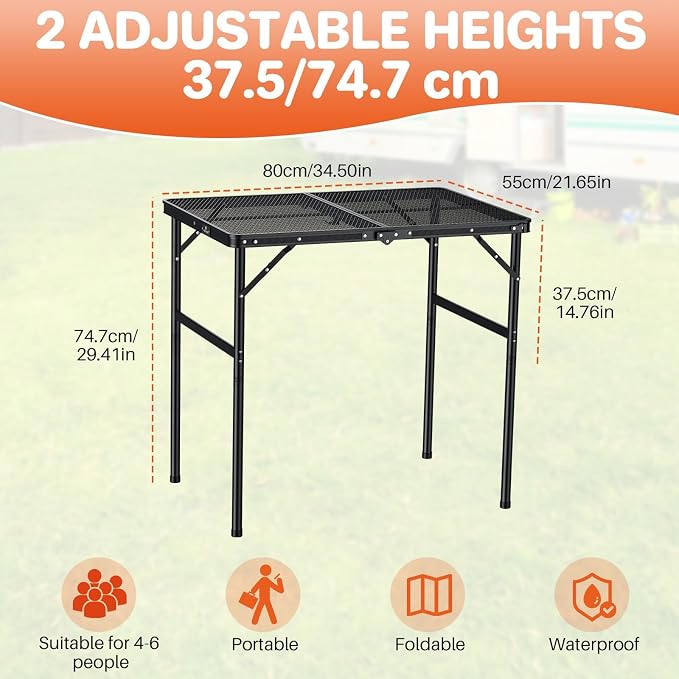 FUNYKICH Wider and Taller Grill Table 31.5''x21.6'', Max Height 29.4'' Portable Camping Tables, 2 Height Adjustable Lightweight Metal BBQ Table with Carry Handle for Camping, Picnic, BBQ, Black
