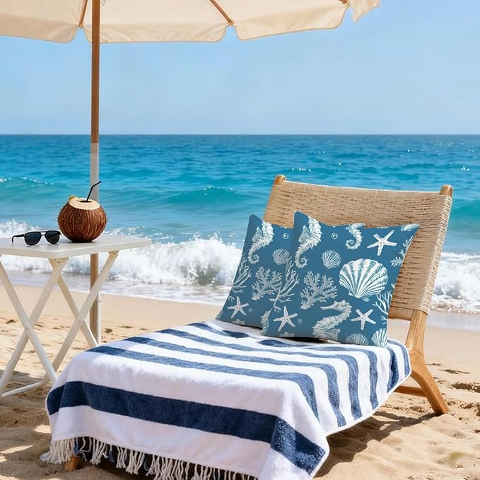 Waterproof Outdoor Pillow Covers Patio Throw Pillow Cases 18x18 Sea Shell | Decorative Throw Pillows Patio Cushion Covers Set of 2, 18x18 Outdoor Pillow Inserts Cover for Couch Chair