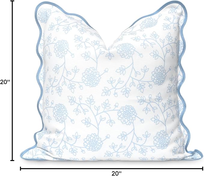Hofdeco Premium Coastal Patio Indoor Outdoor Scalloped Throw Pillow Cover Only, 20"x20" Water Repellent for Backyard, Couch, Baby Blue Print Dahlia Floral