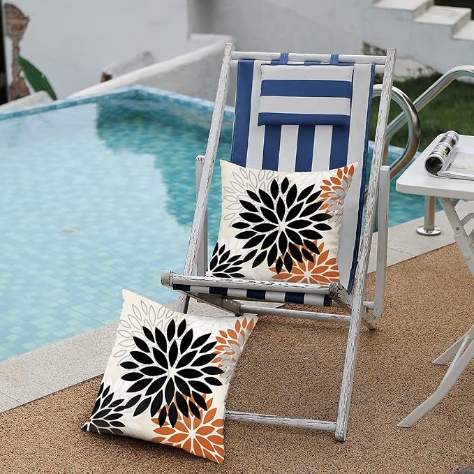 DFXSZ Outdoor Waterproof Pillow Covers 16x16 Set of 2 Black Orange Flower | Spring Summer Waterproof Flower Throw Pillowcases（No Inserts）Outdoor Decor for Fall Patio Funiture Garden Polyester Covers