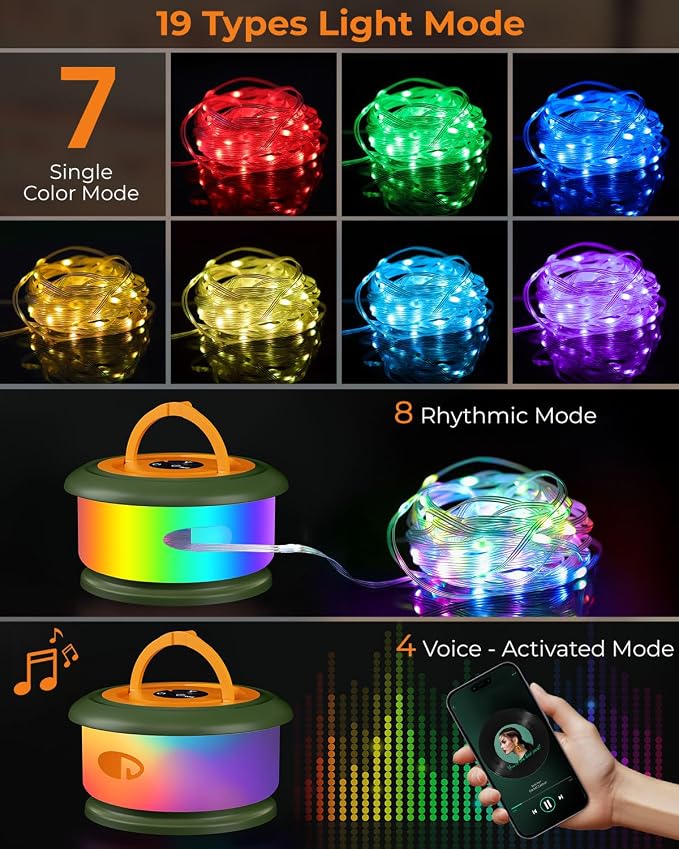 Camping String Lights, Retractable 32.8FT Rechargeable Fairy Light | Quick Storage RGB Flash Lamp Outdoor Waterproof, Portable Hanging Lantern for Outside Tent Patio Awning Garden RV Essentials
