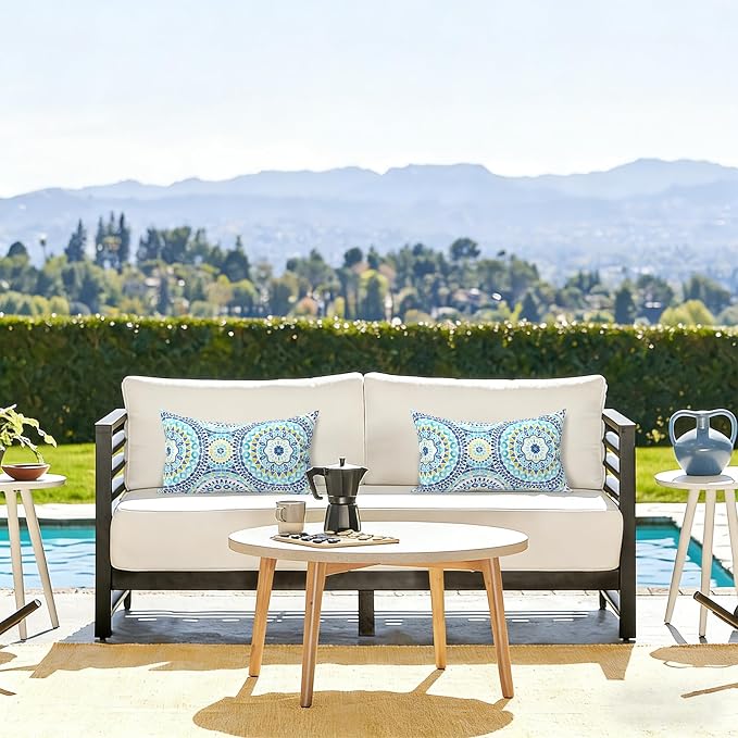 LVTXIII Outdoor/Indoor Lumbar Pillows, Decorative Patio Lumbar Cushions, Fluffy Water Repellent Garden Cushions for Home Patio Coach Sofa Use, 12×20 Inch, Pack of 2, Delancey Lagoon