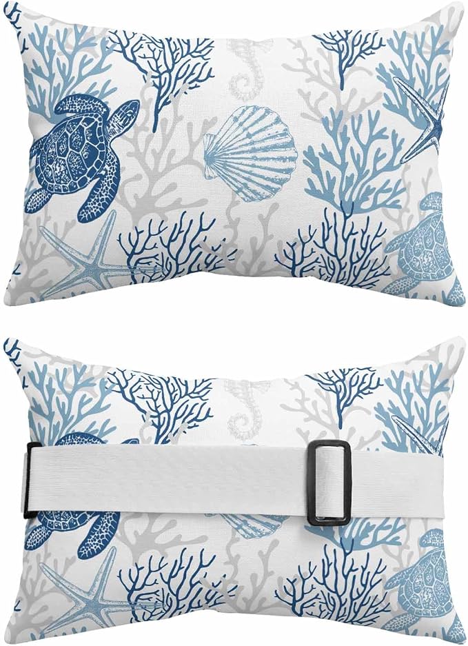 Lumbar Pillow Covers Set of 4, Navy Blue Grey Coastal Waterproof Outdoor Chaise Lounge Pillow Covers with Elastic Strap, Sea Turtle Nautical Coral Summer Beach Headrest Pillowcase for Patio, 11 x 16