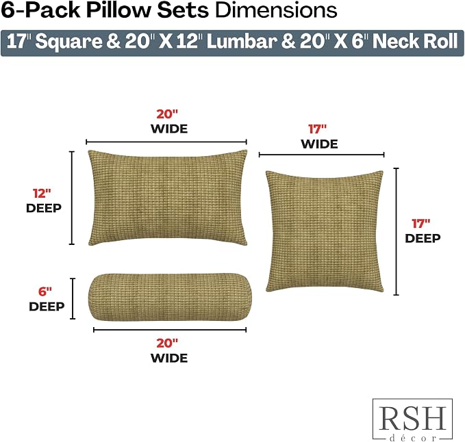 RSH DECOR Set of 6 Outdoor Pillow, Outdoor Pillows for Patio, Pillows w/Polyester Pillow Cases | Water & Fade Resistant Fabric | 17" Square, 20x12 Lumbar, 20x6 Neck Roll - Future Mineral