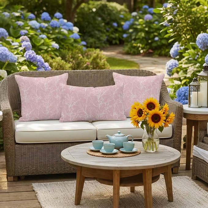 Pink Branches Waterproof Outdoor Pillow Covers Set of 2 Home Decor, Abstract Art Leaves Plant Pillowcase Patio Pillow Covers for Couch Bench Patio Furniture Garden 26x26in