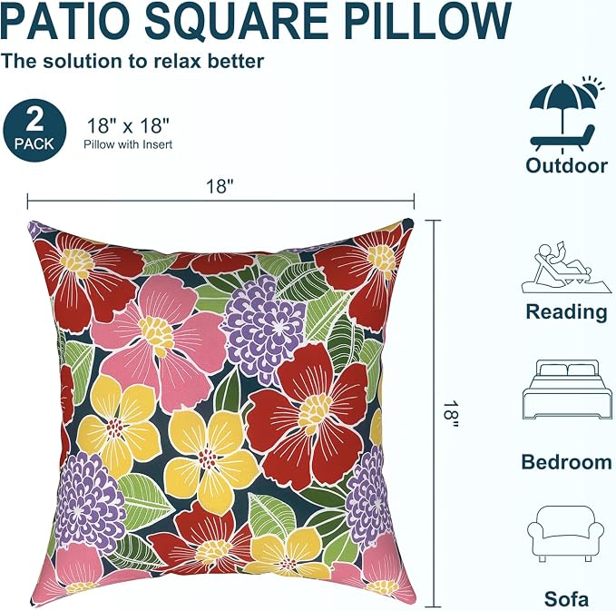 DYTXIII Pack of 2 Waterproof Outdoor Pillow with Inserts, 18x18 Square Patio Decorative Throw Pillow for Home,Sofa,Bench and Patio Furniture,Flower Bloom
