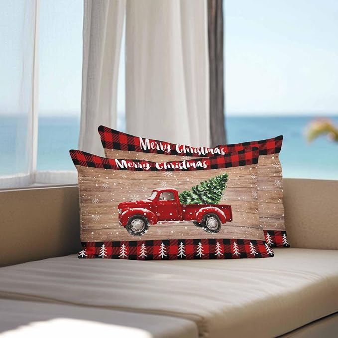 YOKOU Outdoor Throw Pillow Covers, Merry Christmas Truck Tree Vintage Board Wood Grain Buffalo Check Waterproof Pillowcases Cushion Covers Cases for Patio Couch Bench, Pack of 2 Rectangle, 20"X12"