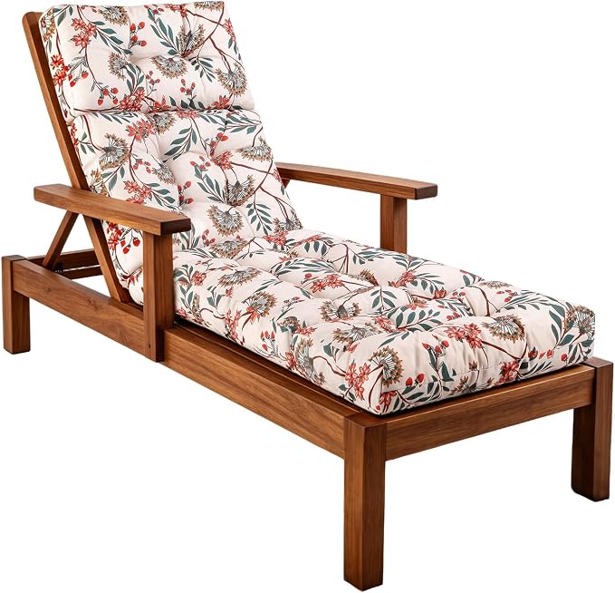 Patio Chaise Lounge Cushions, 70.5"x21"x4" Waterproof Replacement Beach Pool Lawn Outdoor Lounge Chair Cushion, Non-Slip Bottom & Secure Ties for Outdoor Furniture，Flower Red, 1Count