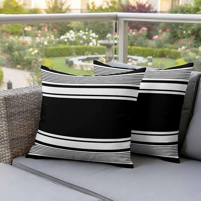 Vandarllin Outdoor Throw Pillows Covers 26x26 inch Set of 2 Waterproof Black Stripes Decorative Zippered Cushion Covers for Patio Furniture, Striped Lines Lumbar Pillowcases