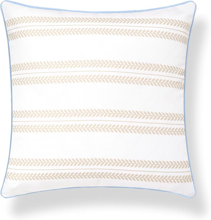 Hofdeco Premium Coastal Hampton Patio Indoor Outdoor Throw Pillow Cover Only, 22"x22" Water Repellent for Backyard, Couch, Poolside, Neutral Tan Blue Print Leaf Striped