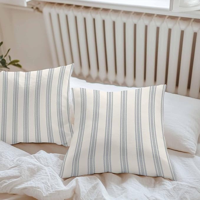 Throw Pillow Covers 18x18 Inch Set of 2, Blue Striped Waterproof Outdoor Cushion Covers, Modern Stripes Farmhouse Decorative Pillowcases for Couch, Sofa, Bed, Garden, Patio