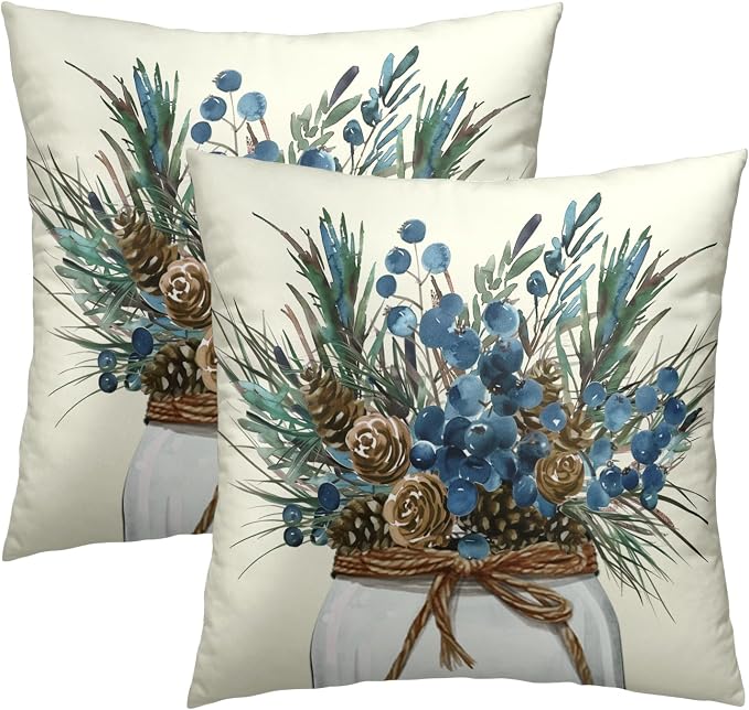 Winter Pine Twigs Pillow Cover 20x20 Inch Set of 2, Rustic Christmas Branches Pinecones Picks Decorative Pillow Cotton Square Cushion Case for Outdoor Home Sofa Couch Decor