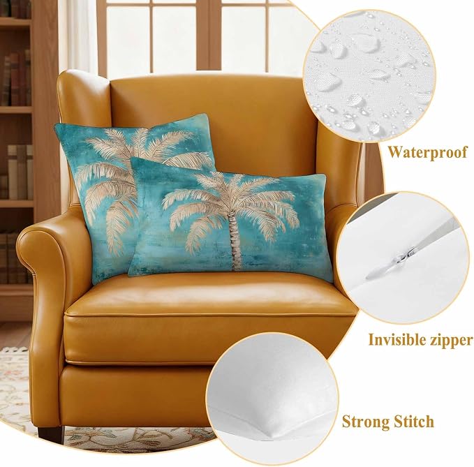 Coastal Beach Tree Outdoor Waterproof Pillow Covers, Vintage Teal Brown Decorative Square Throw Pillowcase, Tropical Palm Tree Sofa Cushion Sham for Patio/Couch/Chair, 16"x16" 2 Pack