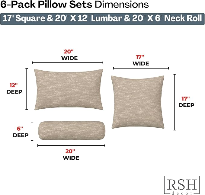 RSH DECOR: 6-Pack Pillow Set | Sunbrella Performance Fabric |Water & Fade-Resistant| 17" Square, 20"x12" Lumbar, 20"x6" Neck Roll | Outdoor Patio Pillows | Made in USA (Soft Cloud Chenille Burlap)