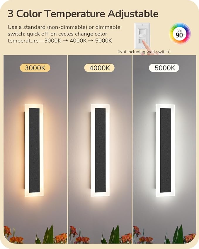 EDISHINE Upgraded 23.6" LED Modern Dimmable Linear Outdoor Wall Light 2pcs | Adjustable Brightness & Color Temperature, IP65 Waterproof, Memory Function, Long Exterior Lighting Fixtures for Garage