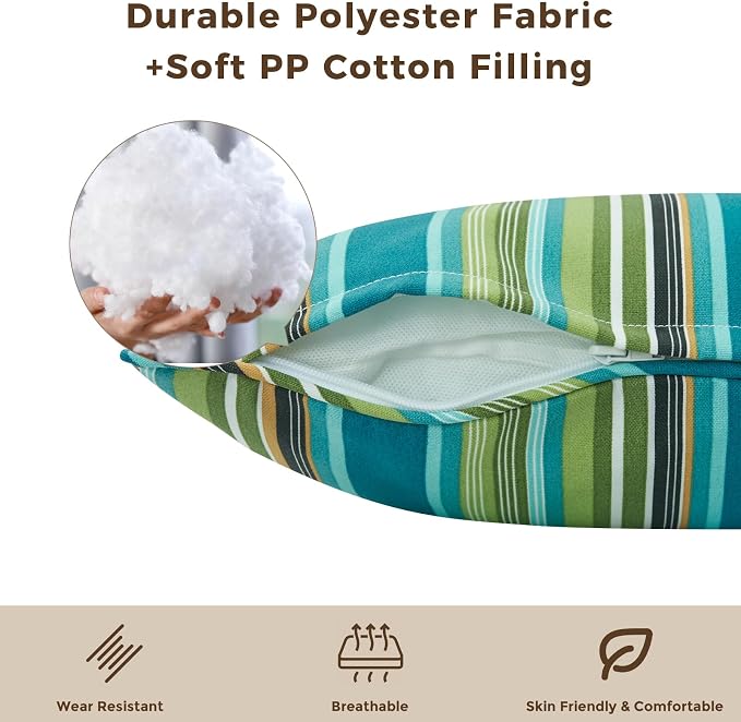 Lumbar Pillow with Insert, Set of 2, Outdoor Indoor Waterproof Decorative Patio Lumbar Pillow 12x20 Inch, Rectangular Cushion for Couch Sofa Garden Farmhouse Decoration-Green Stripe