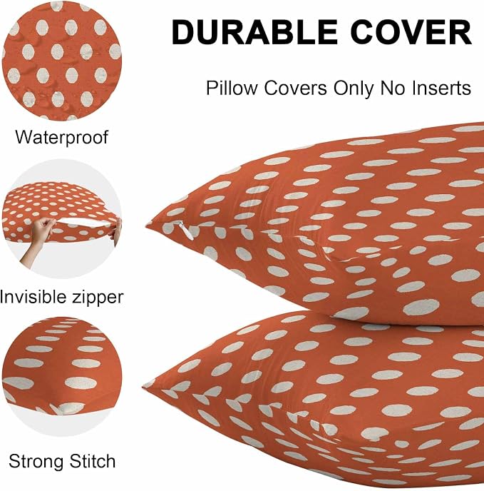 Outdoor Waterproof Throw Pillow Covers Set of 2 Orange Polka Dots Pillowcases 20x20 Inches Cute Solid Color Decorative Pillows Cushion Case Patio Pillows for Couch Bed Chair Garden