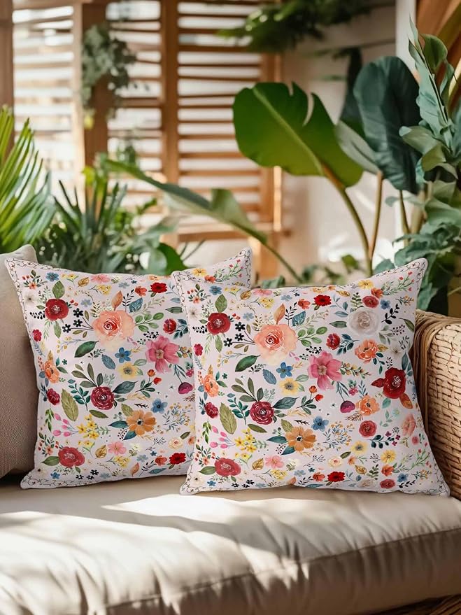 Outdoor Waterproof Throw Pillows Watercolor Leaf Colorful Bloom Floral Patio Pillows Pack of 2,Decorative Pillow Covers with Insert,Pillow Cushion Case for Garden Couch Sofa Vintage Country on Pink