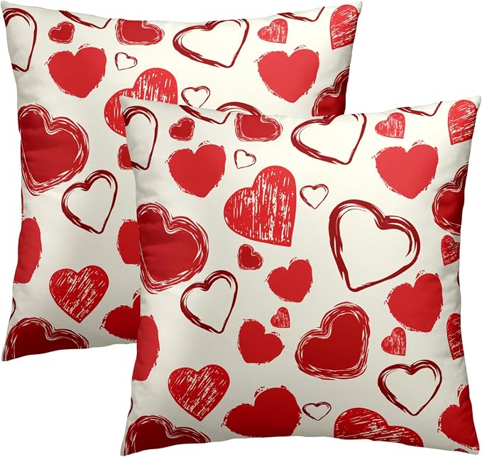 Valentine's Day Throw Pillow Covers 22x22 Inch Set of 2, Doodle Red Love Hearts Decorative Pillowcases Square Cushion Cover for Couch Wedding Anniversary Engagement Home Decor