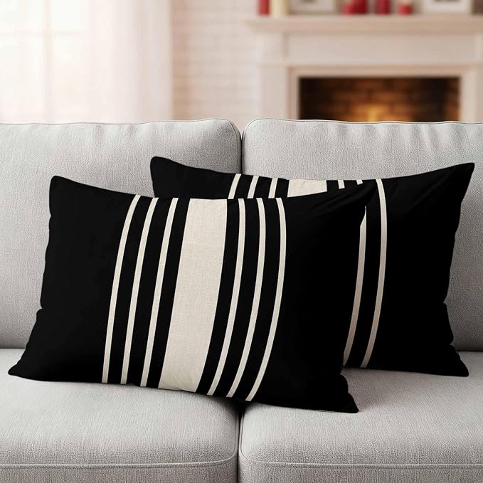 Black Beige Striped Outdoor Pillow Covers 20x12 Inch Lumbar Pillow Covers Set of 2 Waterproof Decorative Throw Pillow Cases Modern Farmhouse Retro Lines Cushion Covers for Patio Furniture Garden Couch