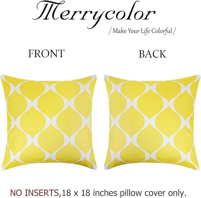 Merrycolor Outdoor Pillows Cover Waterproof Set of 2 Modern Geometric Patterns Yellow and White 18x18 Inches for Patio Furniture Couch Outdoor Throw Pillow Covers for Couch