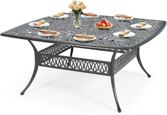 VIVIJASON 64" Patio Dining Table for 8, Large Square Cast Aluminum Dining Table with 2.2" Umbrella Hole, Weather-Resistant Patio Dining Table for Deck Garden Backyards, Dark Bronze