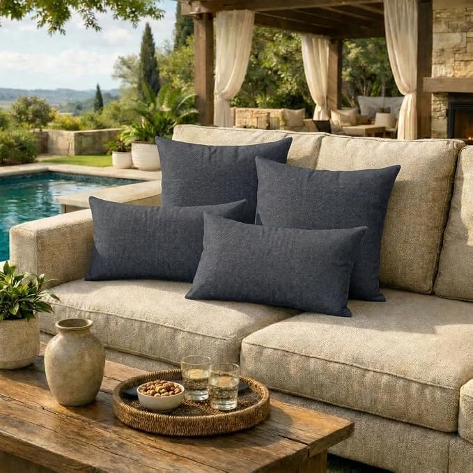 RSH DECOR: Sunbrella Lumbar & Square Pillows Set of 4 | 20" x 12" & 17" x 17" | Water and Fade-Resistant Fabric | Outdoor Throw Pillows for Patio Furniture | Made in USA (Sancy Denim)