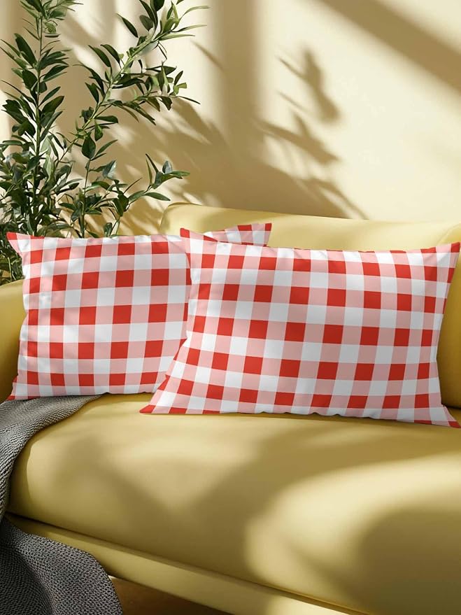 Waterproof Outdoor Pillow Set of 2 Red Buffalo Plaid Decorative Throw Pillows Cover & Insert 20x12 Inch Lumbar Pillowcase Check Lines Pillows for Couch Sofa Bed Patio Furniture Indoor Outdoor
