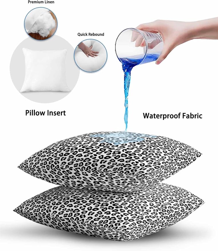 Outdoor Waterproof Throw Pillows Abstract White Black Leopard Patio Pillows,Decorative Pillow Covers with Insert,Pillow Cushion Case for Garden Couch Sofa Animal Skin Print