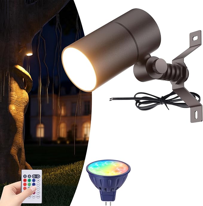 12V Low Voltage Landscape Light for Down Light Tree Lights, Remote Control RGBW MR16 LED Bulb, RGB+CCT Tunable 2700K-6500K, IP65 Waterproof Spotlight for Outdoor Garden Yard Fence (Brown)