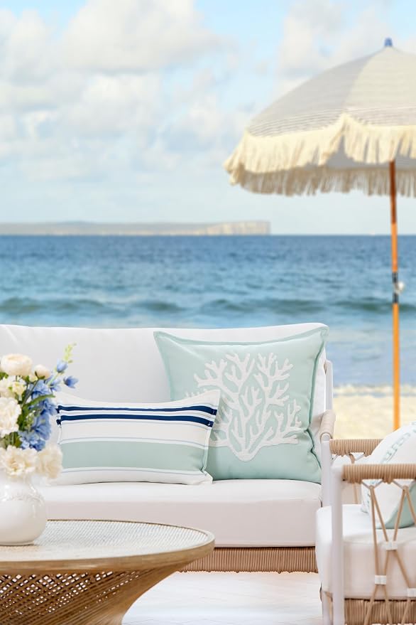 Hofdeco Premium Coastal Patio Indoor Outdoor Lumbar Pillow Cover Only, 12"x20" Water Repellent for Backyard, Couch, Navy Blue Aqua Stripes