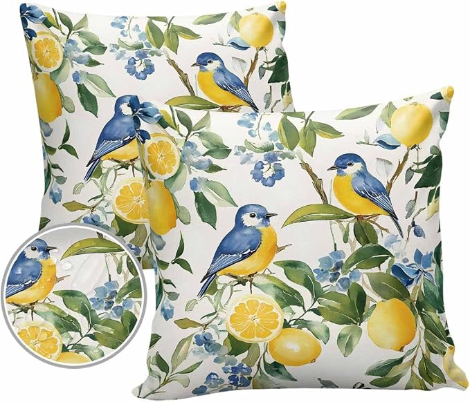 Outdoor Throw Pillow Covers Waterproof Pillow Cases 26x26In, Watercolor Lemon Bird Decorative Pillow Covers Cushion Cases for Couch Sofa Patio Garden,2 Pack Vintage Spring Blue Flower Foliage
