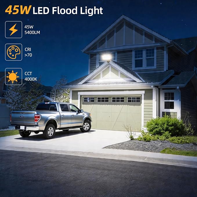 45W LED Outdoor Security Flood Lights,AC 120-277 Input | 100lm/W Efficacy,Super Bright LED Chips,7V×7H Beam Spread,180°Adjustable Knuckle Mount,IP65 Waterproof,4000K Color Temperatur