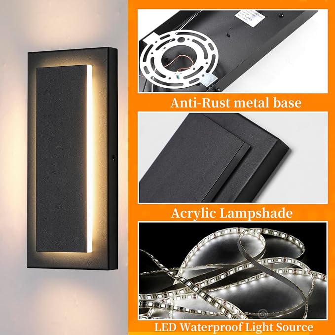 Outdoor Wall Light Black LED Wall Sconces,12 in,9 W | Black, Exterior Light Fixture Wall Mount For Porch,Hallway Front Door,Waterproof LED 3000K Warm White, 360° Angle 1 Pack