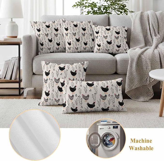 Beige Farm Chicken Outdoor Pillow Covers 18"x18" Set of 2, Country Farmhouse Black White Rooster Flower Leaf Waterproof Throw Pillow Covers for Patio Furniture, Decorative Cushion Covers for Porch