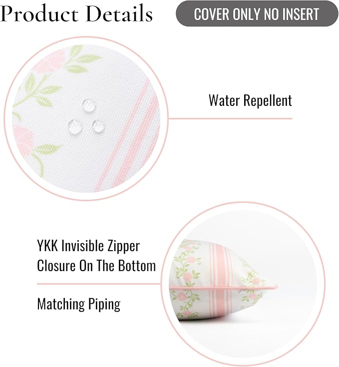 Hofdeco Premium Coastal Patio Indoor Outdoor Lumbar Pillow Cover Only, 12"x20" Water Repellent for Backyard, Couch, Blush Pink Print Stripe Floral