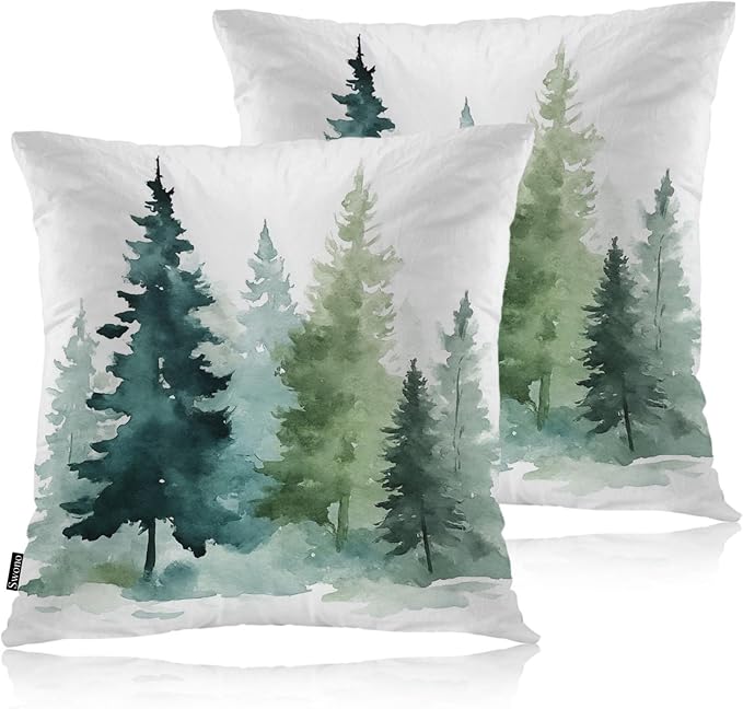 Swono 18"X18" Throw Pillow Covers Fir Trees, Watercolor Christmas Pine Fir Forest Boho Pillowcase Cushion Covers for Couch Bed, Green Square Decorative Pillow Cover Home Sofa Bedroom Car, 2 Pcs