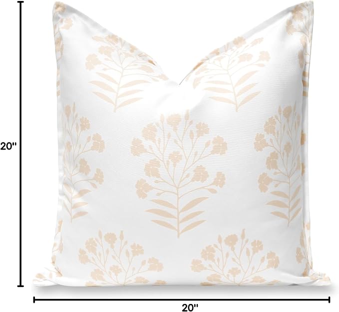 Hofdeco Premium Coastal Hampton Patio Indoor Outdoor Throw Pillow Cover Only, 20"x20" Water Repellent for Backyard, Couch, Poolside, Neutral Tan Print Floral