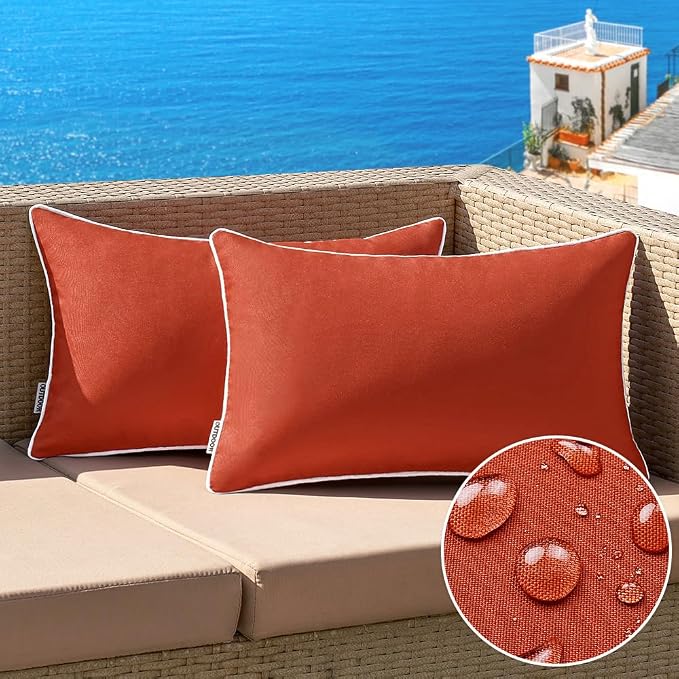 MIULEE Outdoor Waterproof Pillow Covers 12x20 Rust Pack of 2 | Decorative Farmhouse Throw Pillow Covers with Piping,Square Solid Color,Patio Furniture,Summer Couch Tent Sofa Living Room