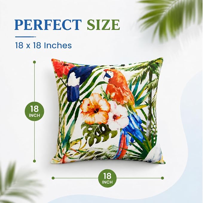 2pcs Outdoor Decor Pillows, Insert and Cover, Waterproof & Fade-Resistant Patio Couch Cushions for Garden, Porch, Poolside Sofa (Tropical Parrot, 18x18in)
