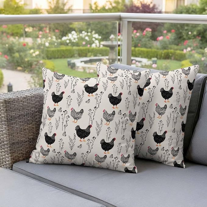 Beige Farm Chicken Outdoor Pillow Covers 24"x24" Set of 2, Country Farmhouse Black White Rooster Flower Leaf Waterproof Throw Pillow Covers for Patio Furniture, Decorative Cushion Covers for Porch