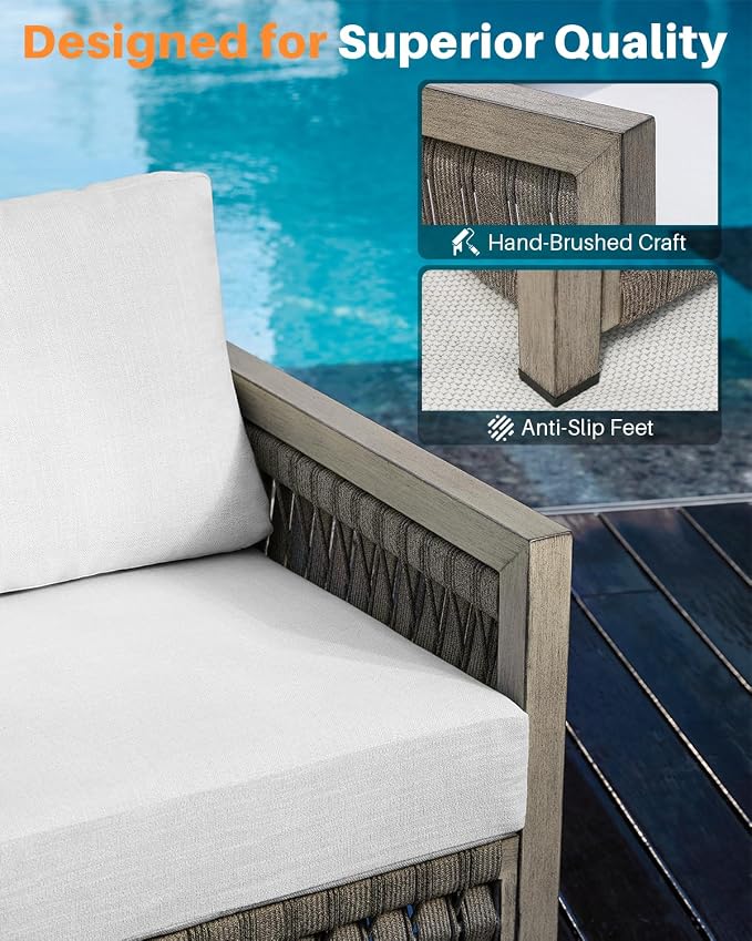 3 Seats Outdoor Sofa, Aluminum Patio Sofas Couch with Thick Cushions, Never-Rust 3-Seater Rope Weave Outside Patio Couch, Deep Seating Outdoor Sofa Furniture for Garden, Decks, Porch, Gray Oak
