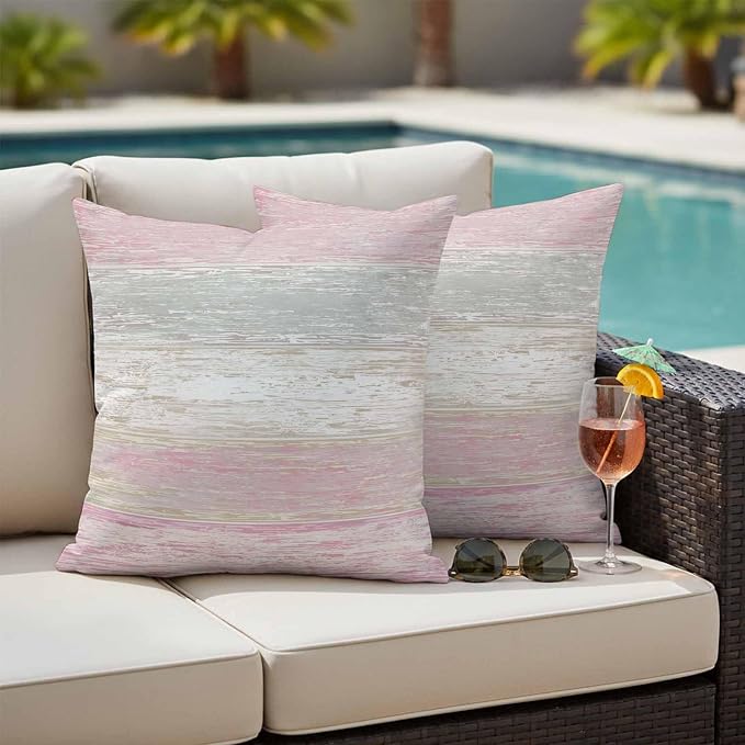 Outdoor Waterproof Throw Pillow Covers, Vintage Pink Grey Decorative Pillow Cases, Farmhouse Barn Wooden Striped Couch Pillow Protector Patio Sofa Cushion Covers Replacement 16"x16" 2 Pack