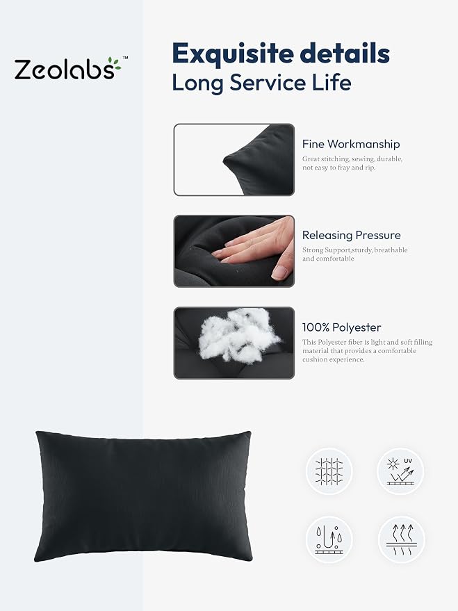 Indoor Outdoor Lumbar Pillows,Waterproof Outdoor Pillows Set of 4 for Patio Furniture,12×20 Inch, Black