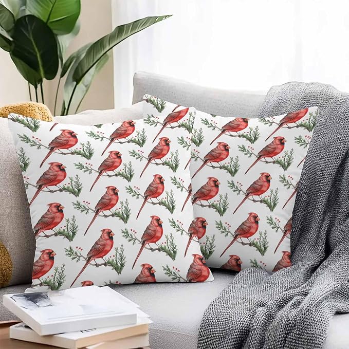 YOKOU Outdoor Waterproof Throw Pillow Covers, Christmas Red Bird on Pine Branches Berries Cardinal Pillowcases Cushion Covers Cases for Patio Couch Bench, Pack of 2 Square, 20X20 Inch
