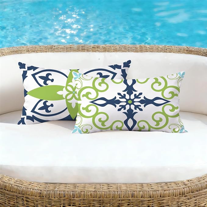 NIGHTWISH Outdoor Waterproof Pillow Covers 12x20 Set of 4 Green Boho Decorative Outdoor Throw Pillows Floral Cushion Cases for Patio Furniture Bench Couch Sunbrella