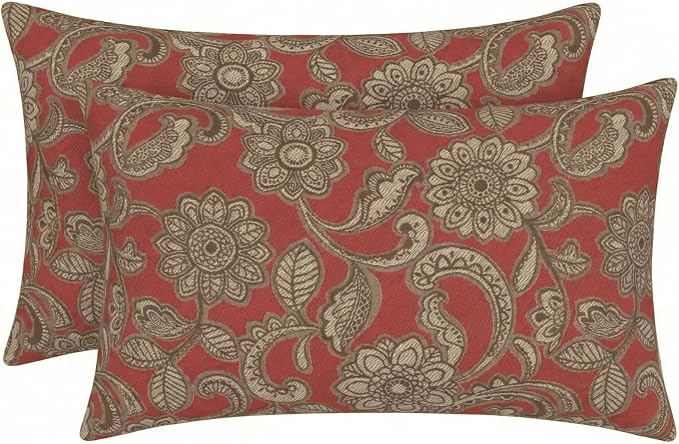 RSH DECOR: Designer Select Outdura Lumbar Throw Pillows Set of 2 | 20" x 12" | Water and Fade-Resistant Performance Fabric | Indoor Outdoor Accent Pillows | Made in USA (Veranda Crimson)