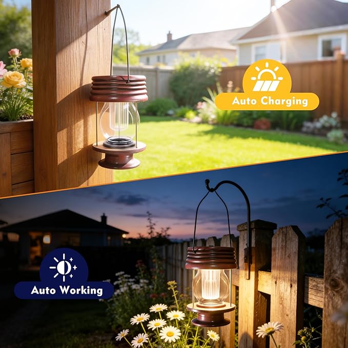 Solar Lanterns Outdoor Patio Decor, 2 Pack Large Hanging Solar Lights Waterproof, 30LM Bright Retro Decorative Table Lamps with Warm Glow for Porch, Yard, Garden, Pathway & Backyard Decoration