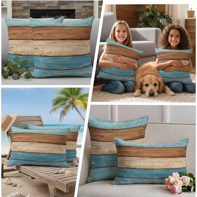Farmhouse Light Blue Brown Outdoor Waterproof Pillow Covers, Vintage Wooden Striped Decorative Square Throw Pillowcase Sofa Cushion Sham for Patio/Couch/Chair, 24"x24" 2 Pack