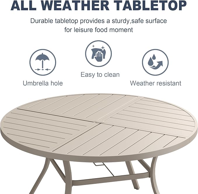 VICLLAX 53" Round Patio Dining Table for 6-8, All Weather Metal Outdoor Table with 1.57" Umbrella Hole and Surdy Frame for Garden Lawn Deck, Sandshell